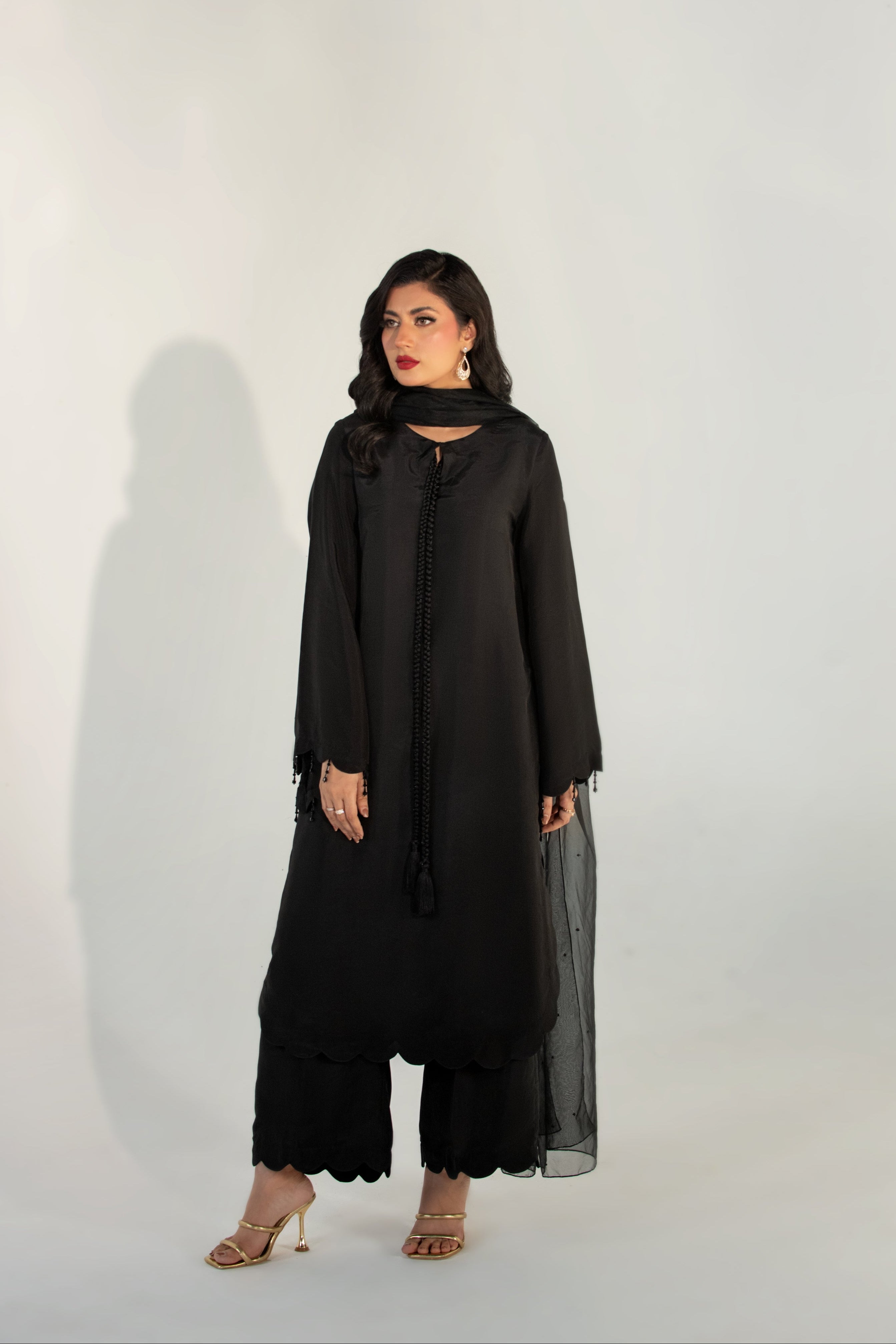 Woman wearing a black outfit with sheer overlay on a white background